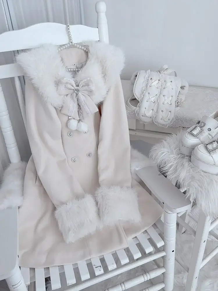 

2025 Autumn Winter Clothing Detachable Fur Collar Cuffs Woolen Coat for Women Bow Double-breasted Thicked Sweet Jackets Tops