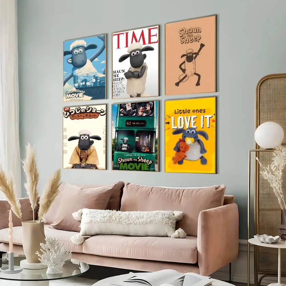 Póster artístico autoadhesivo de dibujos animados S-Shaun fun the Sheep, impresiones en papel blanco, carteles artísticos, decoración del hogar