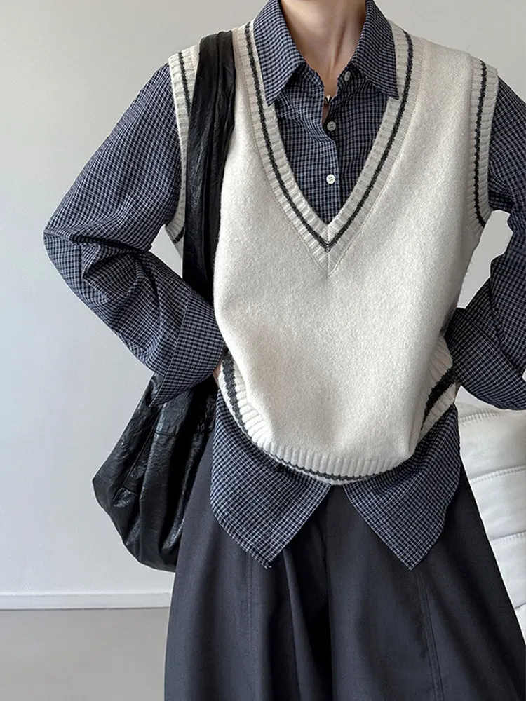 

Ранняя осень, новый свободный вязаный жилет для девочек, большой цветной блузка в стиле ретро с v-образным вырезом, простой дизайн, удобный полиэстер для поездок на работу