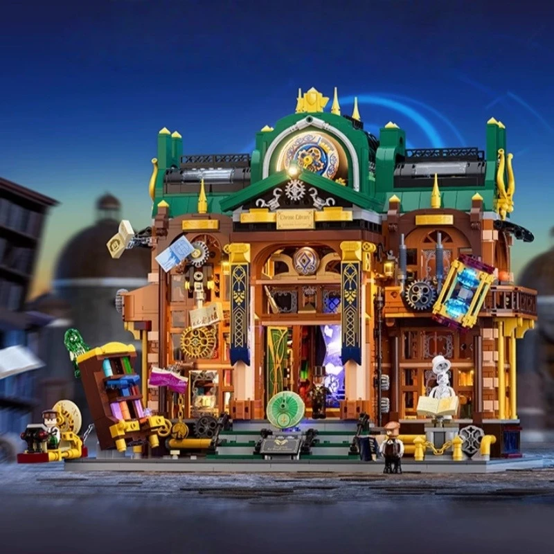 Steampunk série mundial blocos de construção tempo espaço crack biblioteca retro arquitetura montagem modelo brinquedo ornamento presente