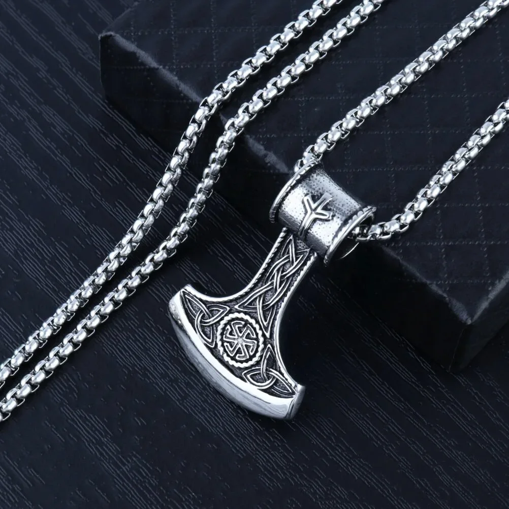 Retro Ethnic Style Celtic Trinity Knot Thor Hammer Ax Pendant Necklace Men's Fashion Punk Trend Lucky Amulet Jewelry