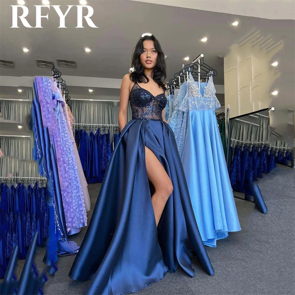 RFYR Navy Blue A Line Prom Dresses Appliques Exquisite V Neck robes du soir Spaghetti Strap Evening Dress Side Split Party Dress