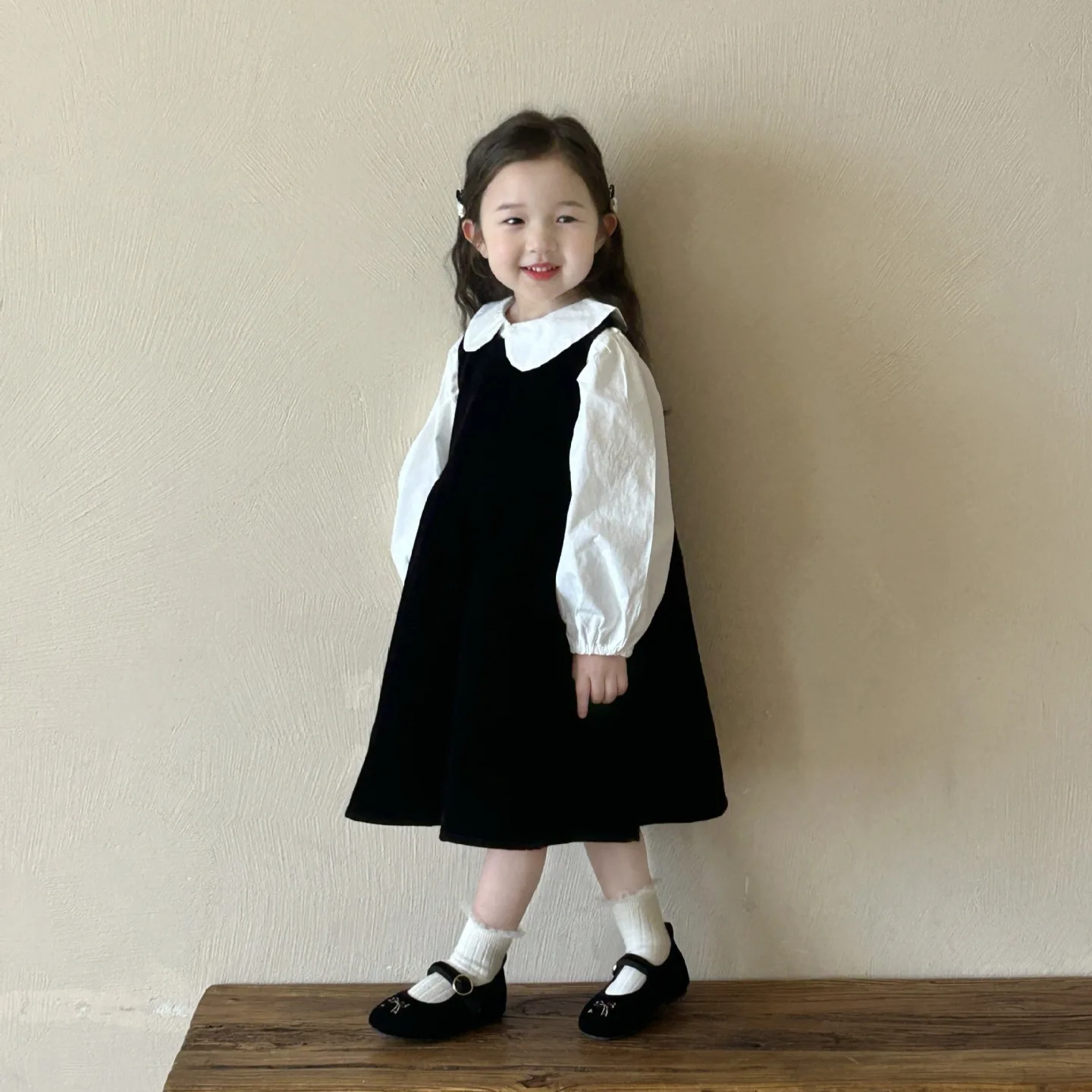 Girls Suit 2024 Autumn New Childrens Wear Korean Style Baby Girl Doll Collar Shirt Princess Velvet Sundress Two-piece Set