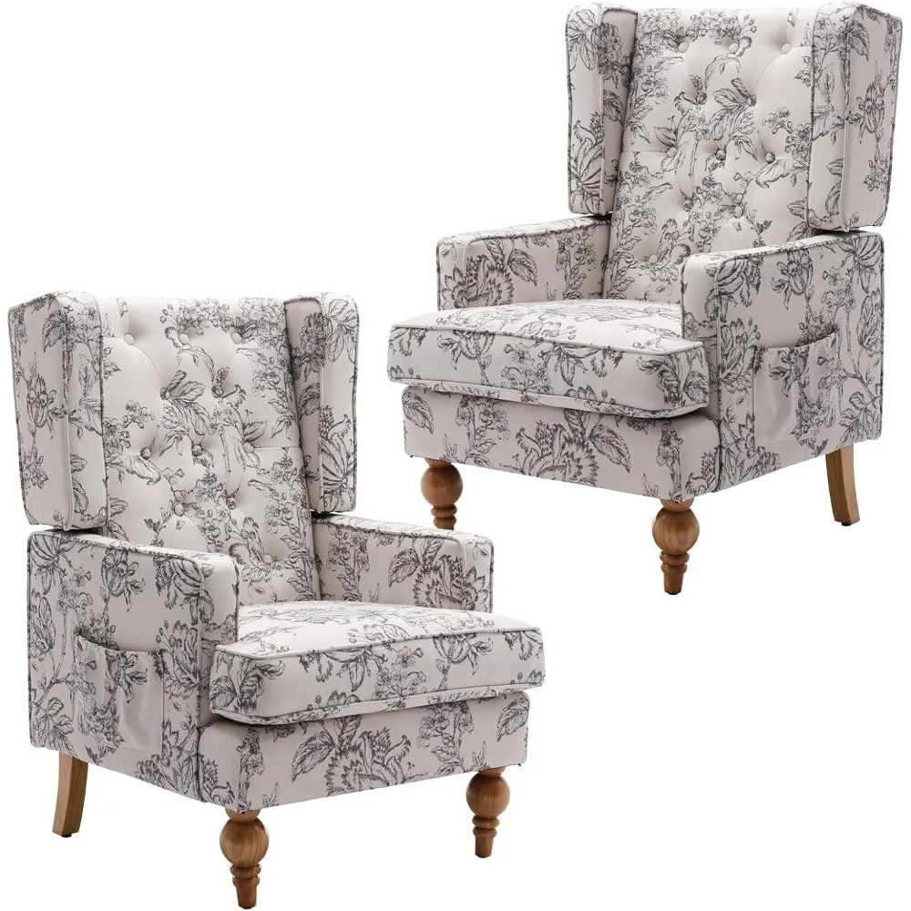 

Pair of Modern Linen Wingback Accent Chairs with Wood Legs for Living Room and Bedroom Comfort