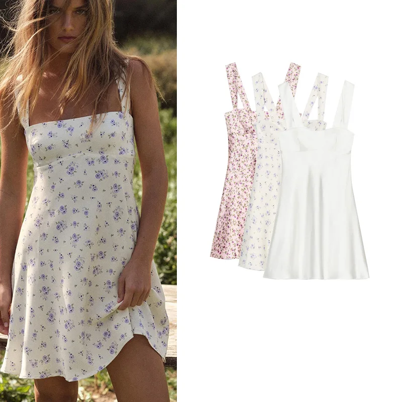 Letnia Nowa Damska Sukienka Country z Prostym Kołnierzem, Szerokimi Ramiączkami, Nadrukiem, z Jedwabnej Satyny, Casualowa, z Wysokim Stanem, w Kształcie Litery A