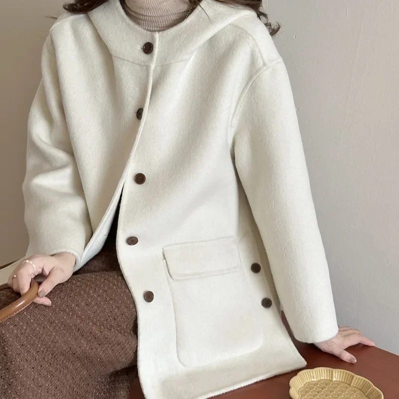 

Korean series l hooded double-sided wool coat with elegant temperament and woolen loose coat, new loose