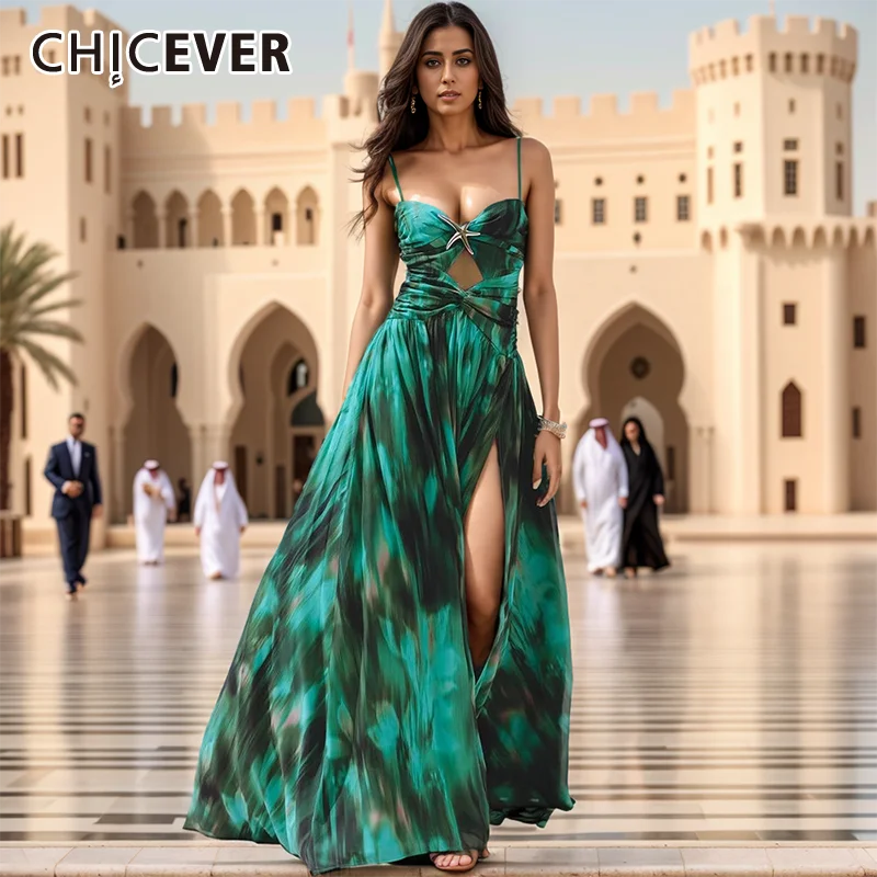 

CHICEVER Print Hollow Out Long Dress For Women Square Collar Off Shoulder High Wiast Backless Spliced Metal Split Dresses Female