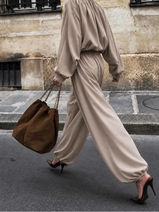 Retro Loose Satin Jacket Women's High Waist Wide Leg Casual Pants Two Piece Set Autumn Winter Fashion Comfortable Ensemble