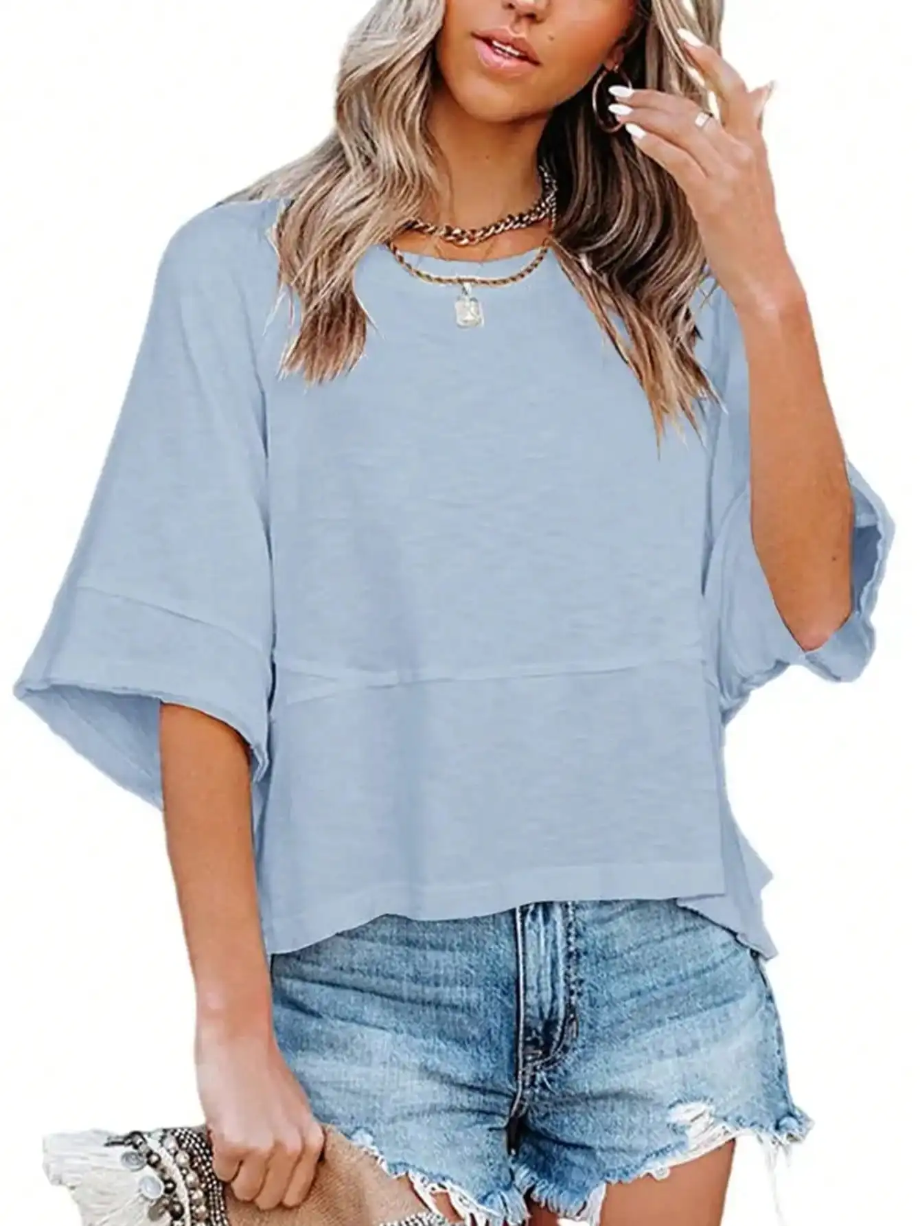 เสื้อยืดแฟชั่นผู้หญิงไซส์ใหญ่ 1XL-5XL ทรงหลวม คอกลม แขนสั้น สีพื้น สไตล์ลำลอง ดูแลง่าย
