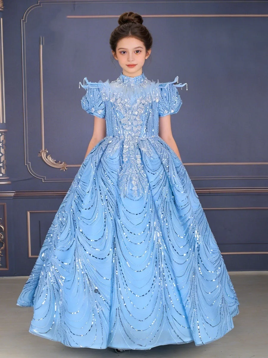 Custom Flower Girl Dress Wedding Gown Birthday Party Pageant High Neck Puff Sleeve Sequin Ball Gown For Girls  