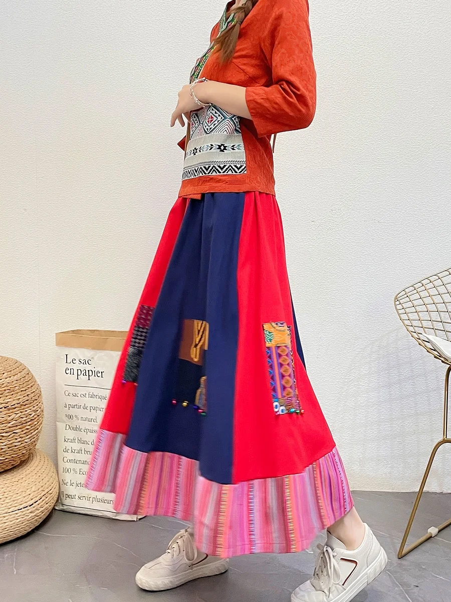 

Retro Cotton Linen Patchwork Color Blo f Skirt mid Length Holiday Travel Dance Women Summer A-Line Skirt Ethnic Sle