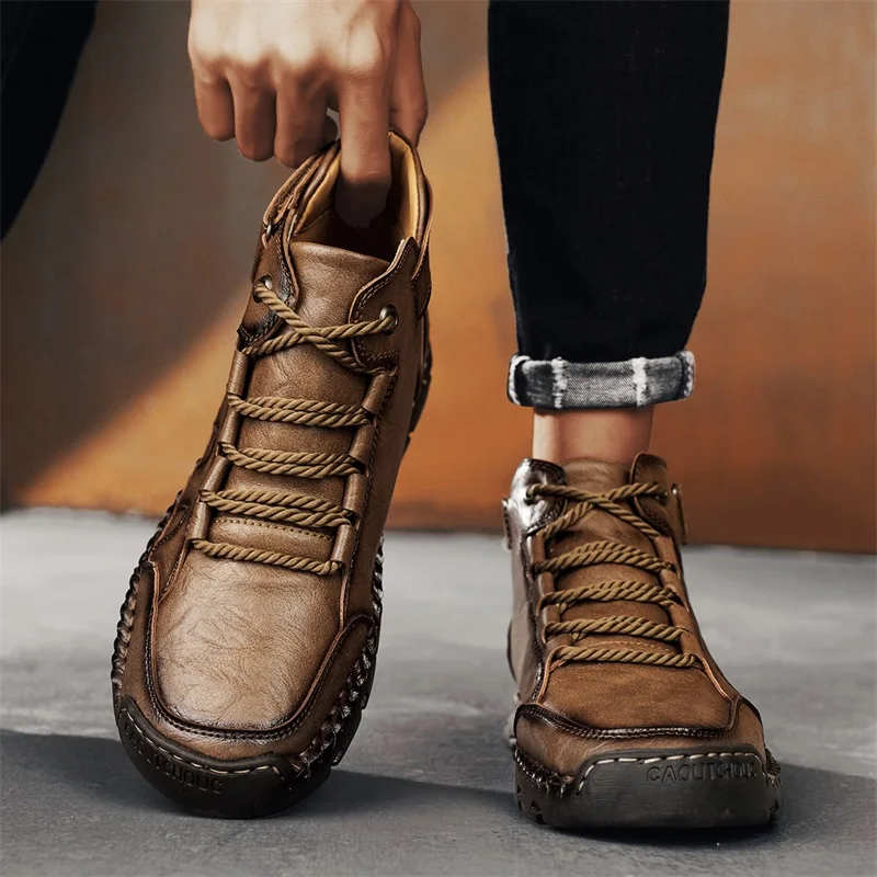 

Men High Top Boots PU Flat Bottom Lace Up Casual Bare Boots Comfortable Classic Men Shoes Size 38-48