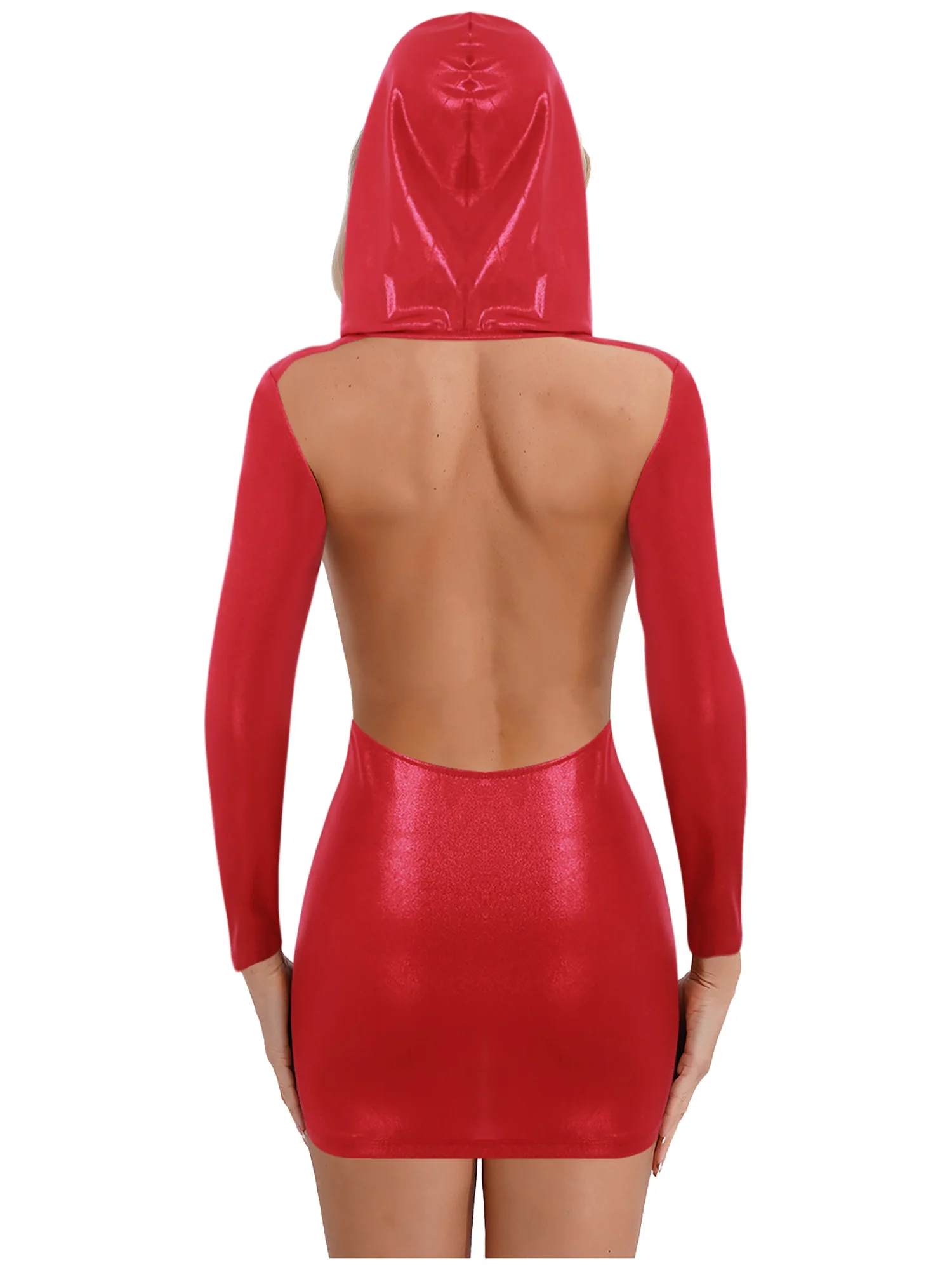 

Women Sparkly Bodycon Mini Dress Hooded Long Sleeves Cutout Open Back Tight Fitting Short Dress Nightclub Wear