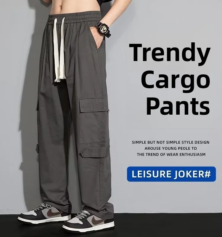 

Модные мужские брюки для рабочей одежды, весенне-осенние свободные прямые хлопковые повседневные брюки, универсальные длинные брюки с завязками