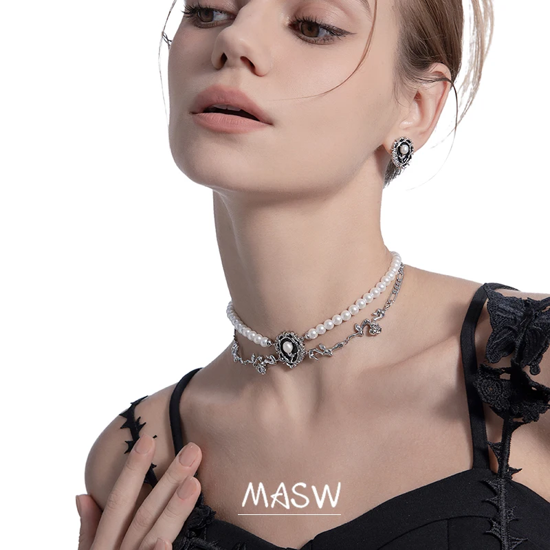 MASW Original Design Retro Jewelry Flower Black Charm Simulated Pearl Choker Necklace For Women Girl Wedding Gift Luxury Style