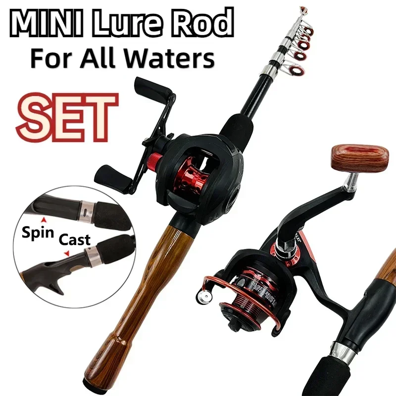 Mini Portable Telescopic Lure Fishing Rod Combo 1.3-1.8M Short Jigging Pole and 7.2:1/5.2:1 Baitcasting Reel for Carp Bass Pesca