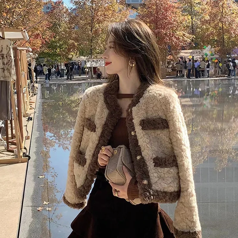 

Vintage Patchwork Crop Coats Women Faux Fur Long Sleeve Button Loose Short Jacket Small Fragrance All Match O Neck Casual Tops