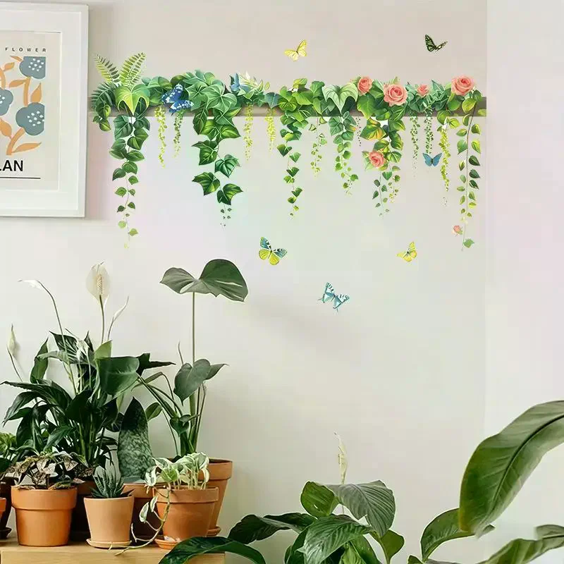 Green Vine Wall Decals With Pink Roses Butterfly Removable Self Adhesive For Bedroom Living Room Decor