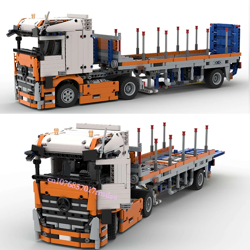 1811PCS Actros Engineering Container Heavy-duty Tow Truck with Tail-Lift Trailer creative ideas Toy technology Blocks MOC-42128