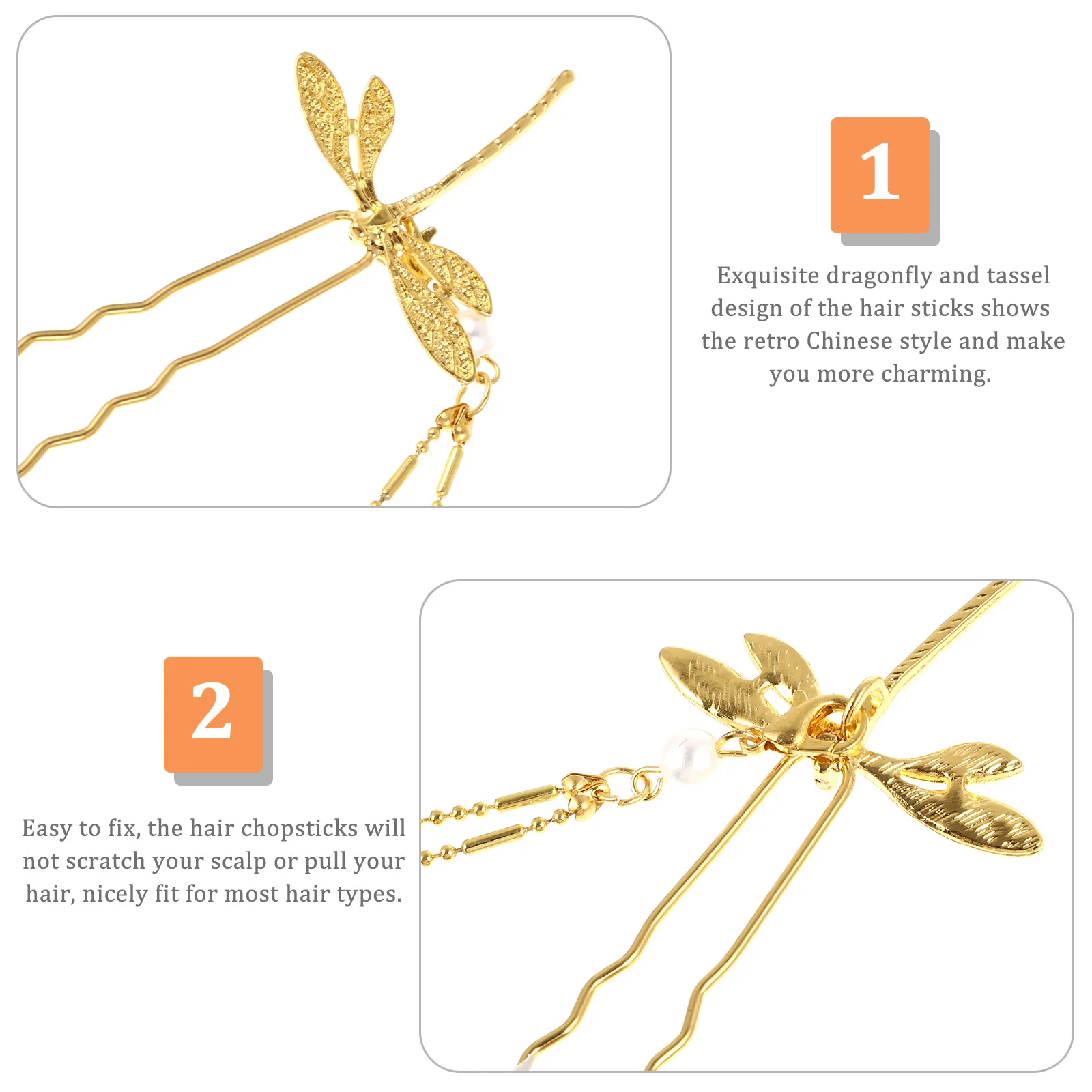 

2pcs Hair Sticks Chinese Accessories Long Hair Bun Chopsticks Women Retro Dragonfly Tassel Design Easy Fix No Scratching