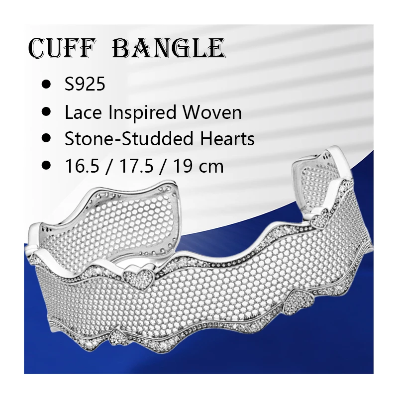 Rigid Wrist Cuff Bracelets Bangles For Women Fine Jewelry Silver 925 Original Zircon Stones Woven Lace Stud Hearts 16 17.5 19cm