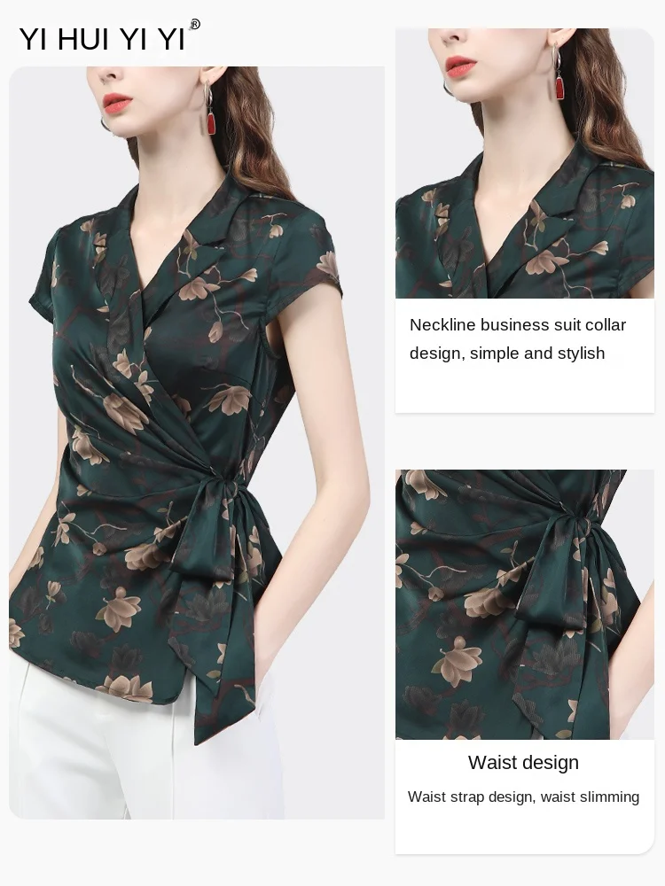 Fashion Women Short Sleeve Floral Printed Satin Blouse Crossed V-Neck Lace-Up Shirt Elegant Vintage Slim Chic Female Summer Tops