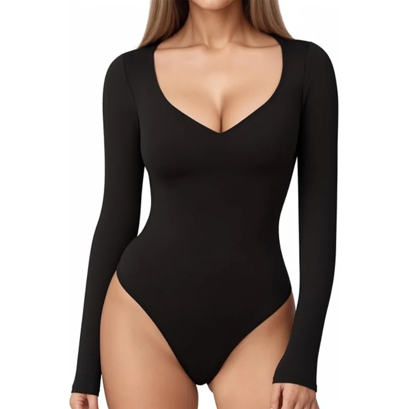 Dimmkof Winter Autumn Spandex Long Sleeve Bodysuit Slim Fitted Thong Fitting Waist Compression Reduce Cincher Body Shaper Shirts