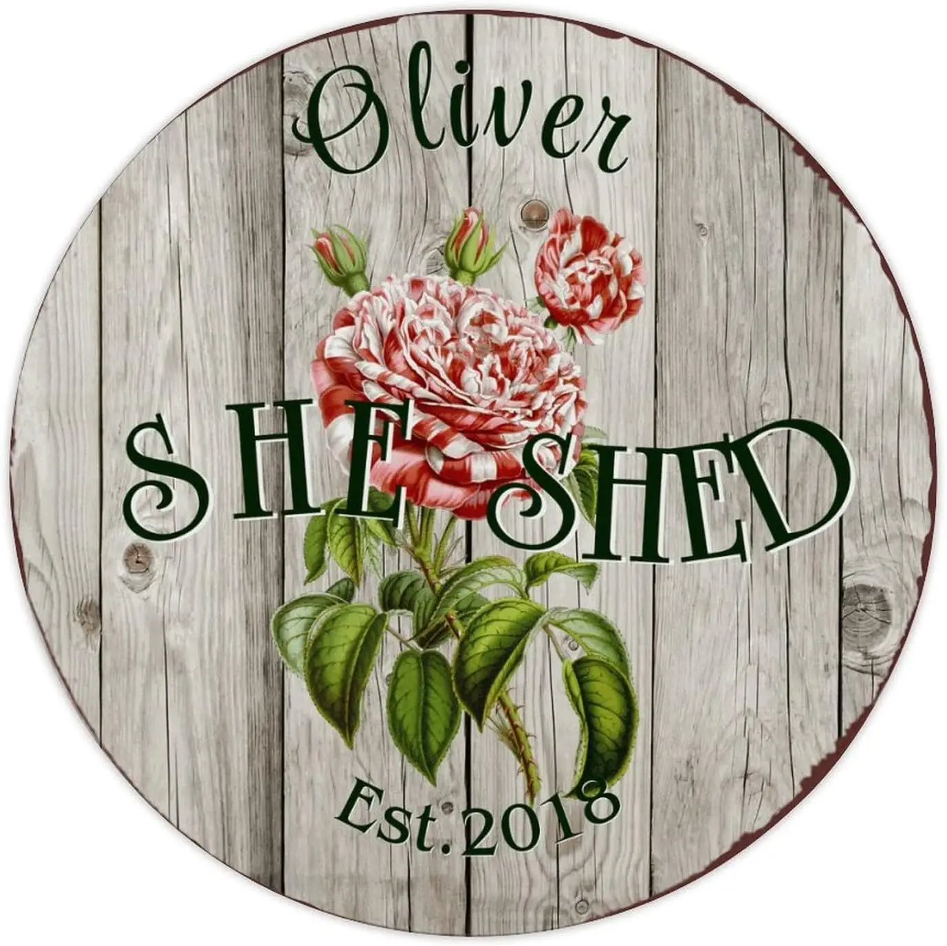 Personalized Name Sign Red White Rose She Shed Tin Sign Vintage Botanical Metal Plaque Funny Novelty Sign Tin Decor Signs for En