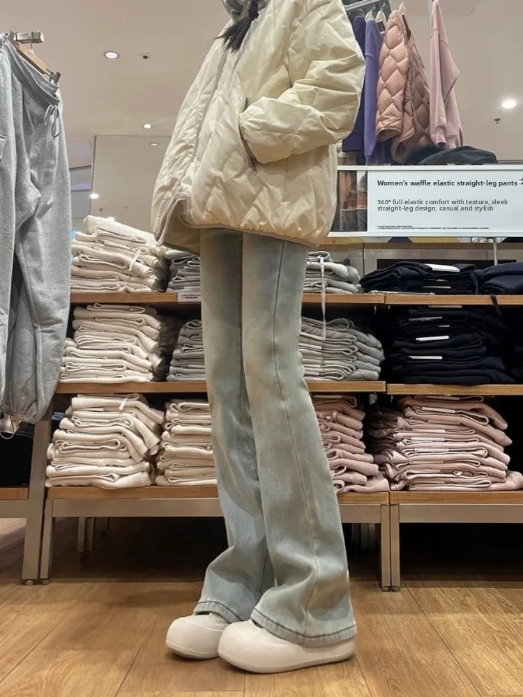 Retro fce forrado micro queimado jeans feminino cintura alta perna larga bootcut calças outono inverno plus size emagrecimento