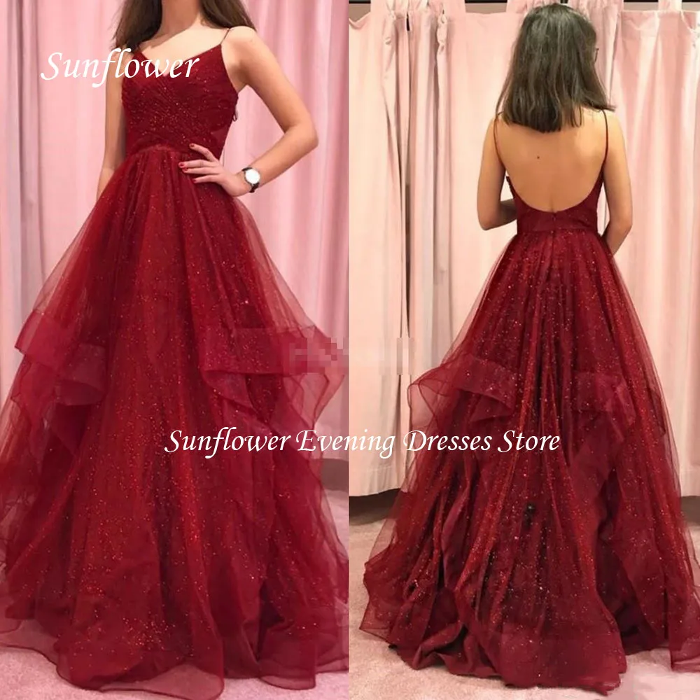 

Sunflower Sparkling V-Neck Pleat A-LINE Evening Dress Tiered Tulle Floor-Length Party Dress 2023 Zipper Wedding Dress