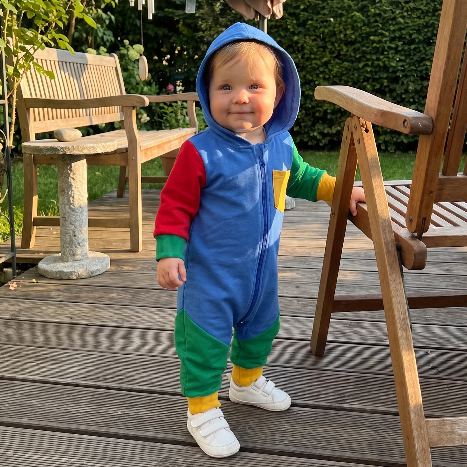 Baby Hooded Jumpsuit Casual Long Sleeve Contrast Color Zip Up Romper