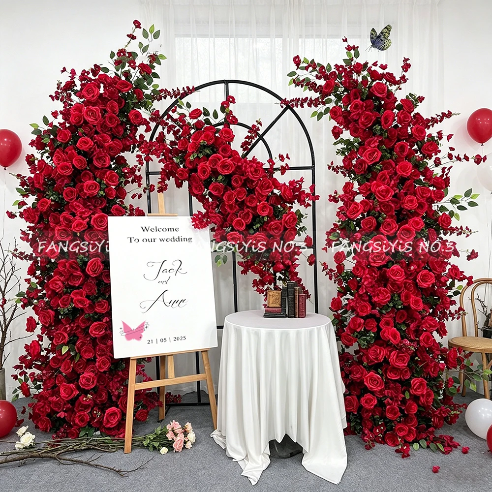 Artificial Pink Rose Arch with Green Leaves, Floral Backdrop Decor, Wedding Birthday Party Stage Background Prop for Event Decor