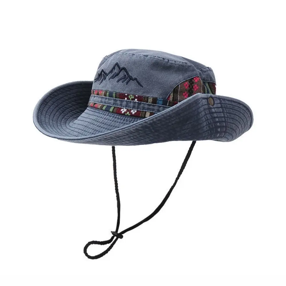 

Denim fabric Cowboy Bucket Hat with Windproof Strap Sun Protection Panama Hat Wide Brim Mountaineering Caps Outdoor