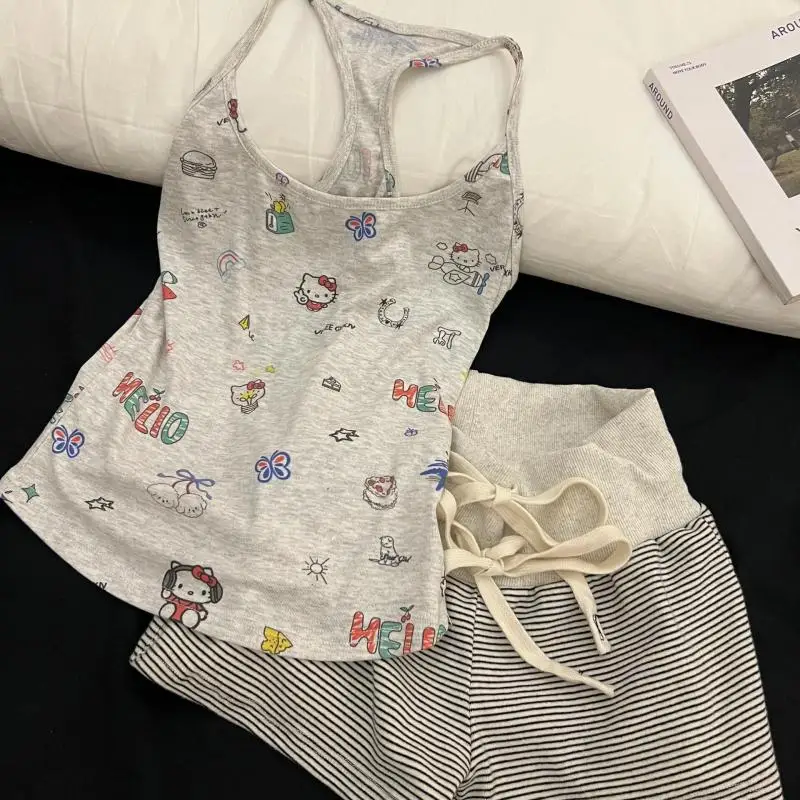 

Sanrio подтяжки шорты костюм Hello Kitty I-образный жилет пижамы новый стиль для девочек-студентов летняя популярная универсальная домашняя одежда для девочек