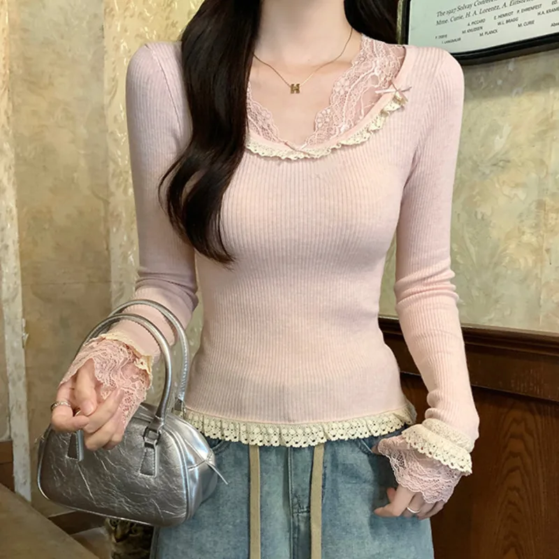 

long sleeve t-shirt for women's sweater 2025 spring new thin lace slim fit base shirt round neck tops camisetas pull outerwears