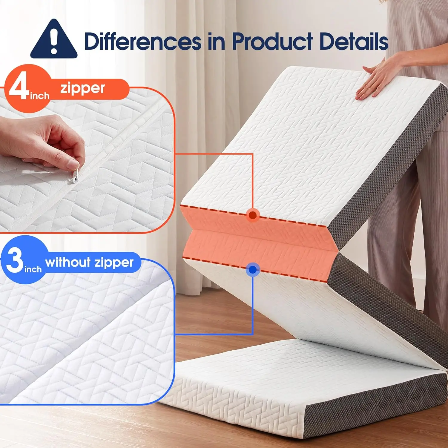 4 Inch Tri Folding Mattress Twin Size with Storage Bag, Foldable Memory Foam Topper Portable Floor Guest Bed with Remo