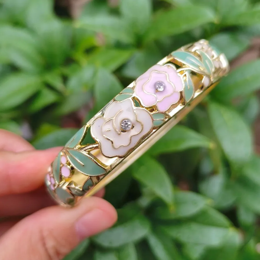 1.4cm Chinese Cloisonne Bracelet Wider Enamel Peony Filigree Flower Bangle Recessed design Vintage Women's Hand Bracelet