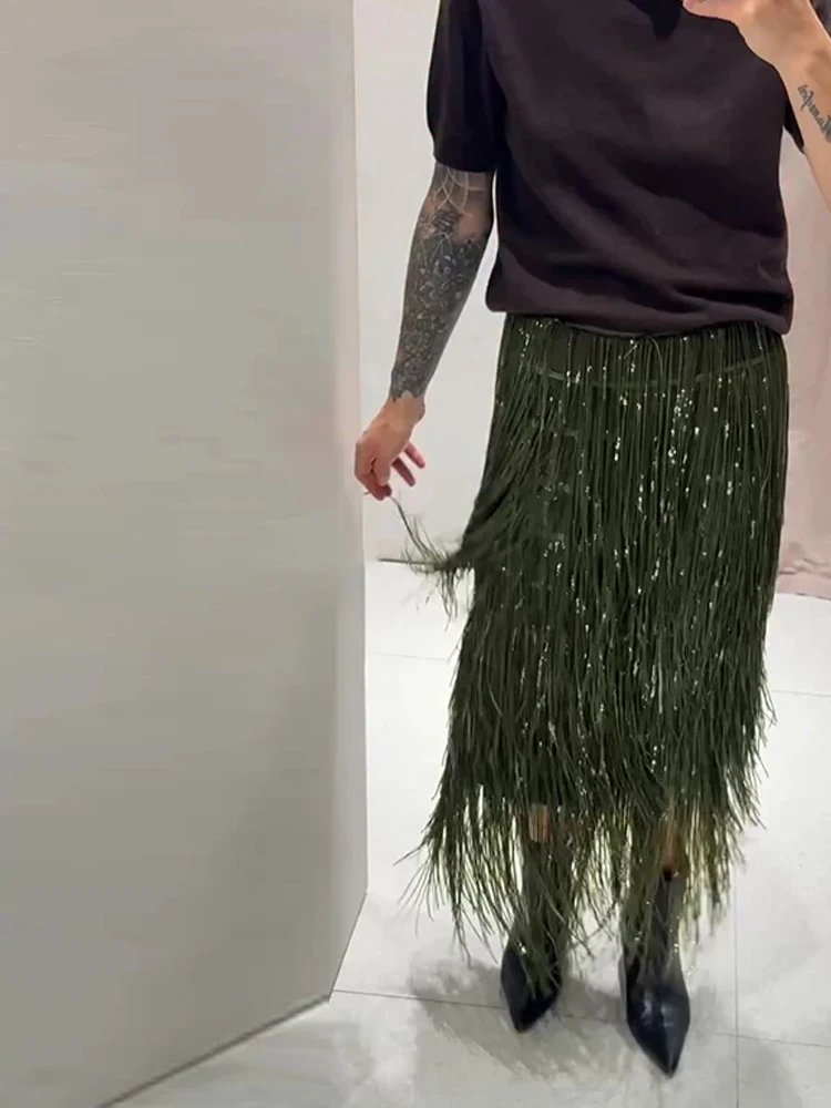 

Женская повседневная юбка с длинным рукавом для вечеринки Элегантная длинная юбка с блестками Костюм из 2 предметов Модная рубашка на пуговицах с лацканами и юбка с бахромой