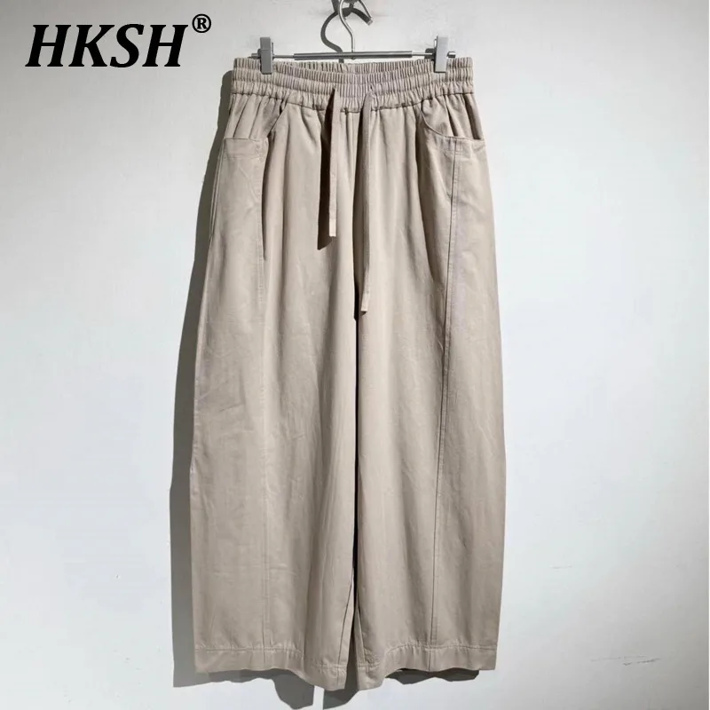 

HKSH Spring Summer New Men Tide Chic High Street Drawstring Elastic Waist Pocket Fashion Casual Soft Loose Wide Leg Pants HK6269