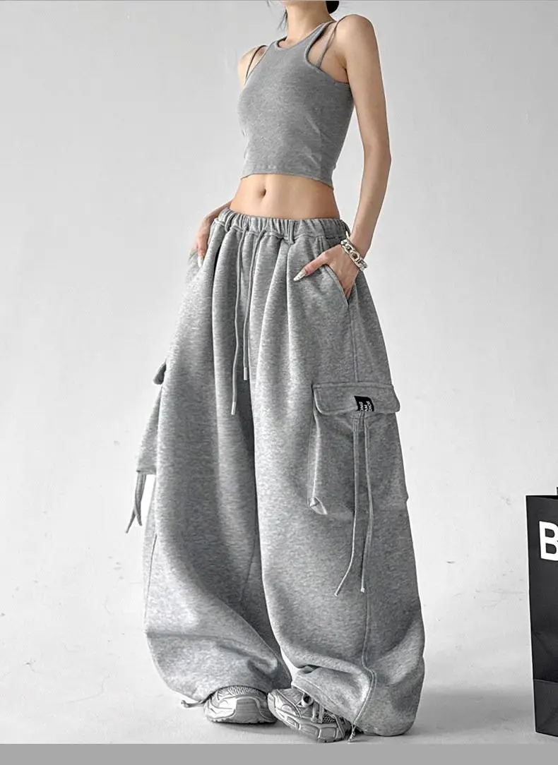 American Hip-hop Cargo Tooling Sweatpants Big Pocket Streamer Wide Leg Pants Women Baggy Pants