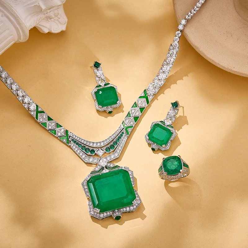 

Pure 925 Sterling Silver Jewelry For Women Green Gemstone Wedding Jewelry Set High Quality Earrings Necklace Party Fine Jewelry