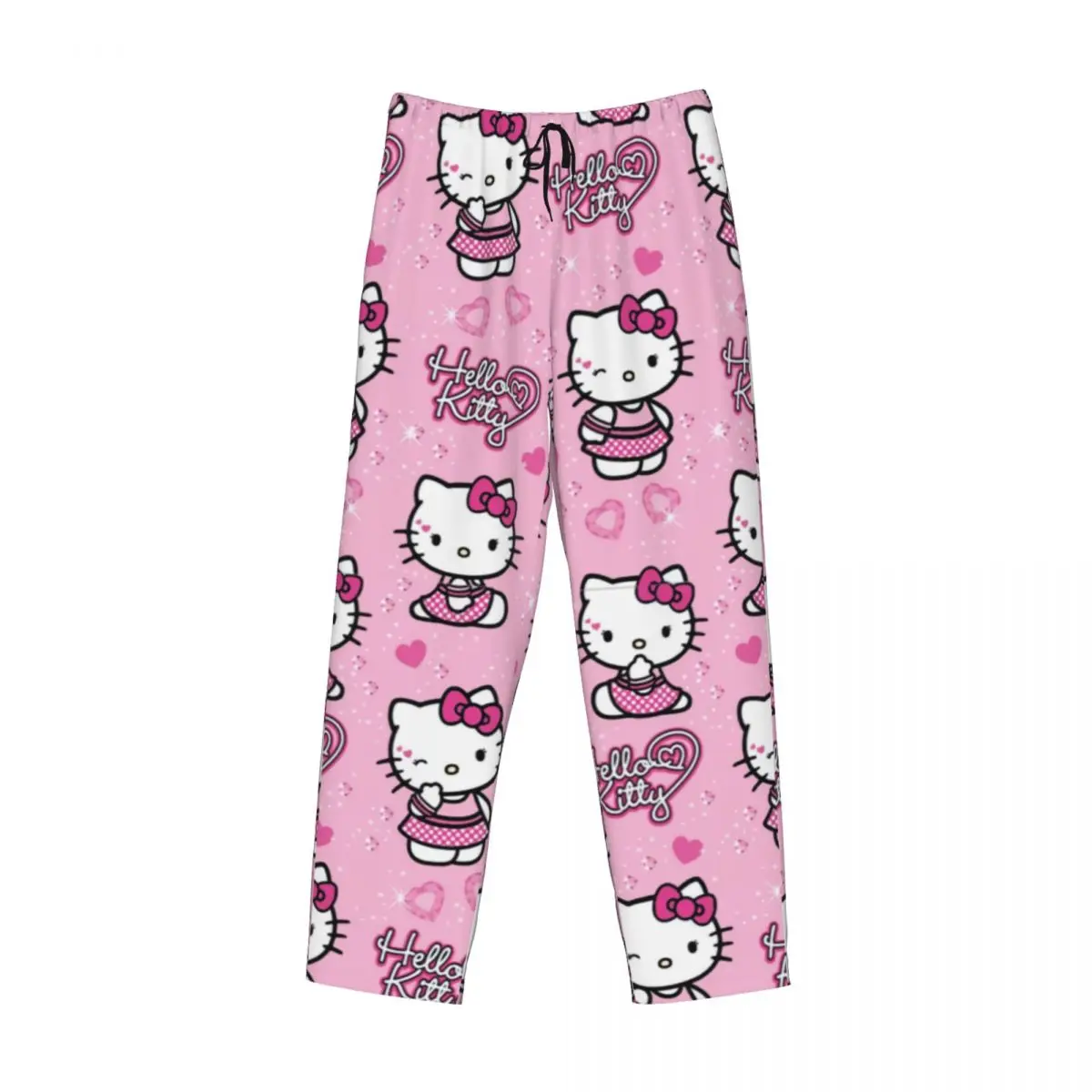 Custom Cartoon Anime Hello Kitty Bow Pajama Pants Sleepwear Men\'s Elastic Waistband Sleep Lounge Bottoms with Pockets