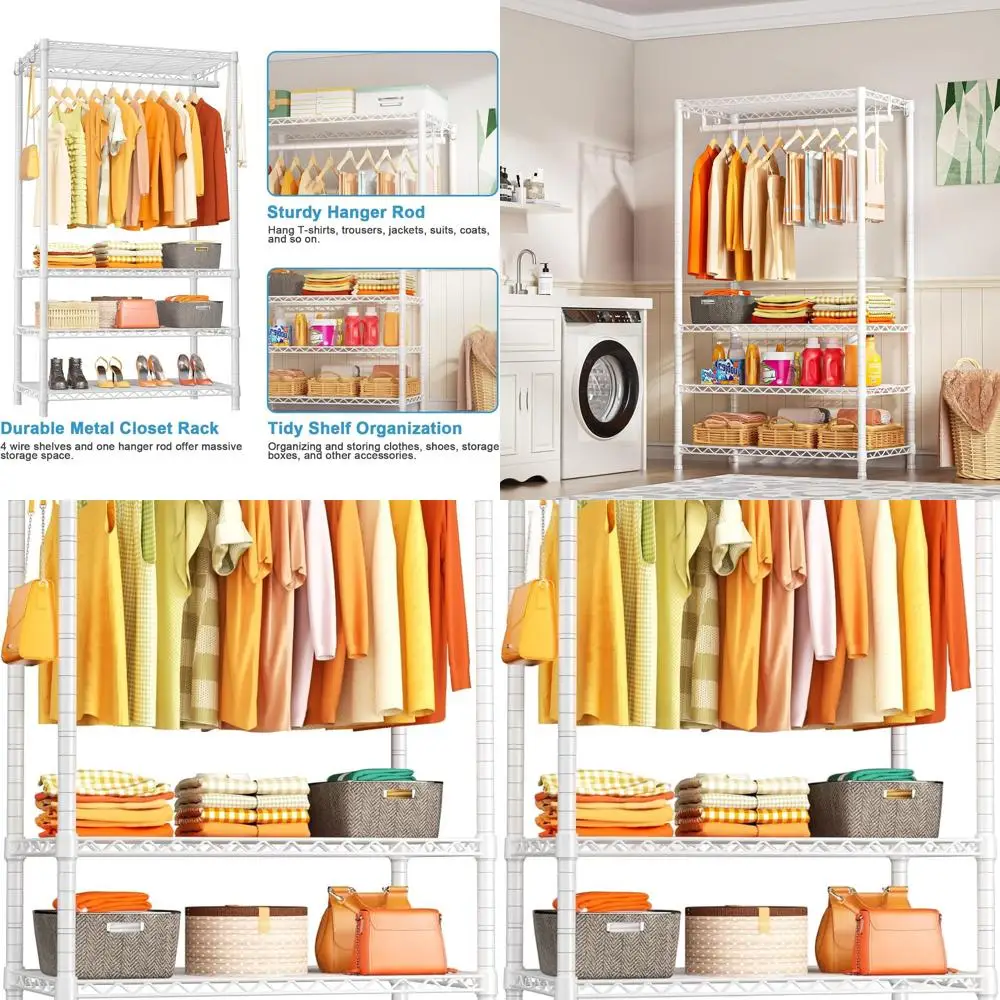 

4-Tier Metal Clothes Rack, Bedroom & Cloakroom Storage Organizer, 35.4x14x76.4, White