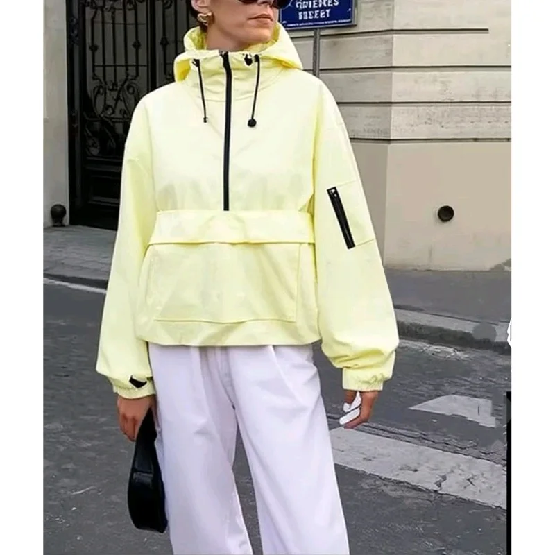 New Autumn Casual Spor Loose Fit Stand Collar Long Sve Hooded Jaet Women's Polyester Fiber Outerwear Coat