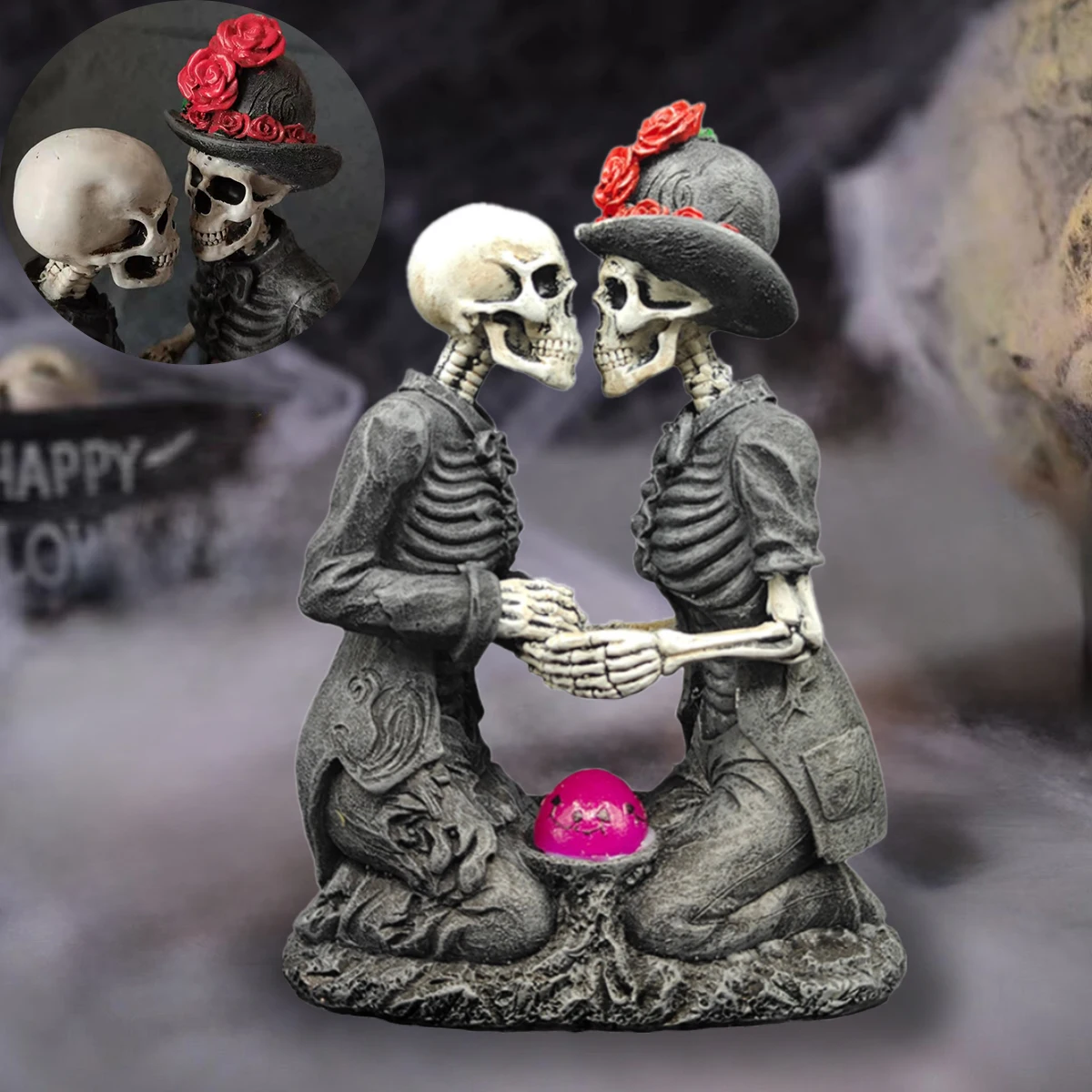 

Solar Skeleton Couple Halloween Decoration, Gothic Lovers Romantic Purple Light Couple Statue, Halloween Garden Decor