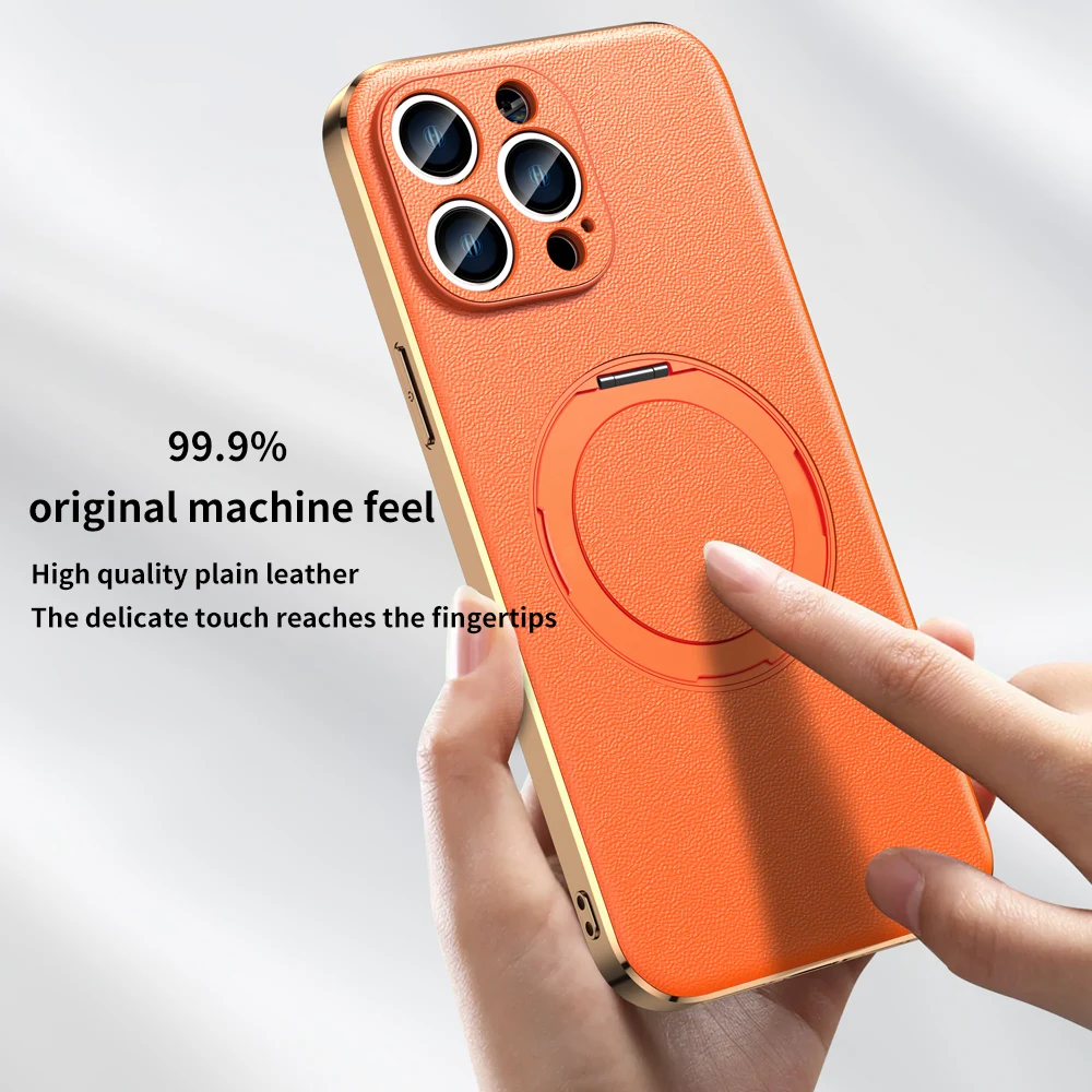 Magnetic Leather Holder Phone Case for Magsafe, Ring Plating Lens Protection, Back Cover, iPhone 15, 14, 12, 13 Pro Max, 15Pro