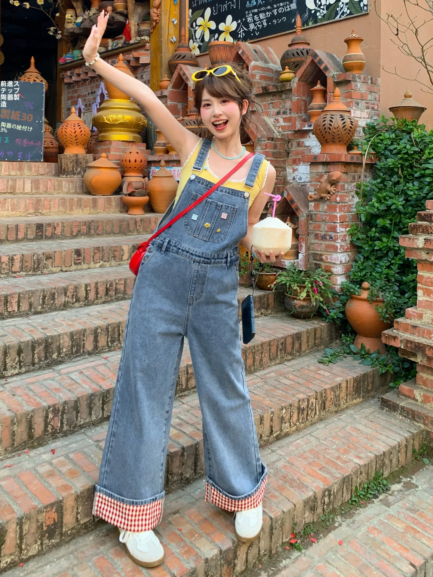 

Sweet Sle Plaid Denim Overalls Women's Loose Wide Leg Conceal Small Size Travel Versatile Jeans Spring Cotton Material