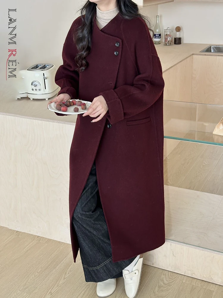 

[LANMREM] Asymmetric Neck Design Woolen Coats Women's Single Breasted Office Lady Warm Long Outwear 2024 Winter New 26C1458