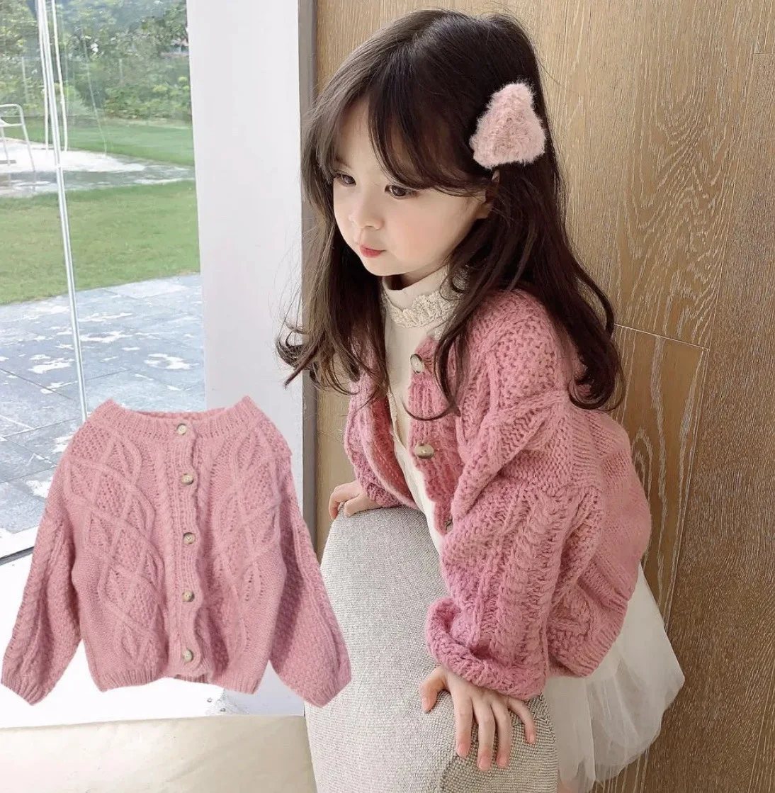 Girls Sweaters Autumn and Winter Coat Cardigan Western-style 2024 Model Coarse Wool Baby Fried Dough Twists Sweaters