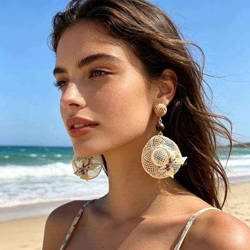 Vintage Fashion Leopard Print Bow Woven Hollow Straw Hat Earrings For Women Summer Travel Seaside Vacation Trendy Accessories